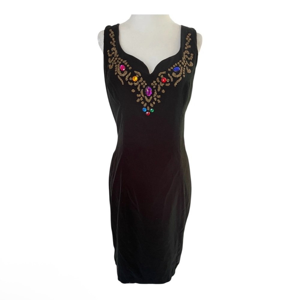 NWT (Sz M) Vintage Zum Zum Black Velvet Jeweled Cocktail Dress 90s Party Glam